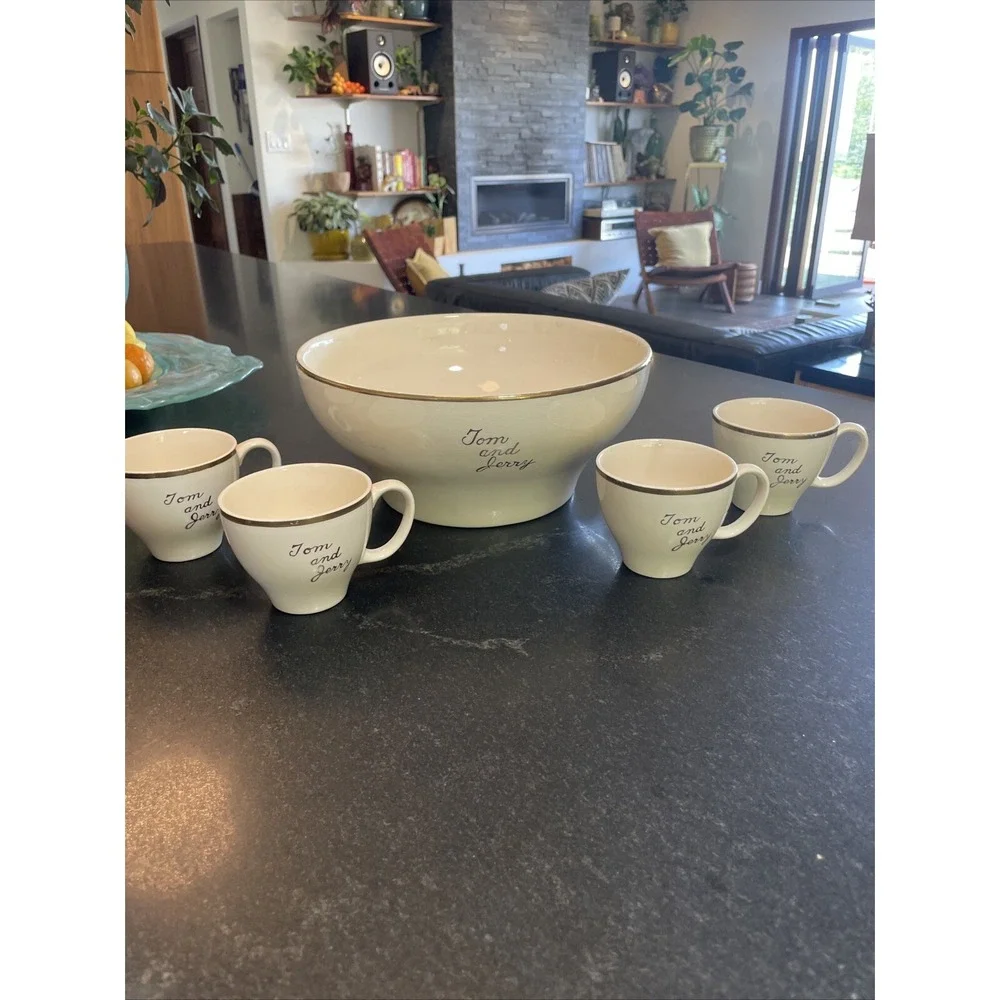 TOM AND JERRY PUNCH BOWL WITH 4 TEA CUPS UNIVERSAL CAMBRIDGE 22k Gold Rim